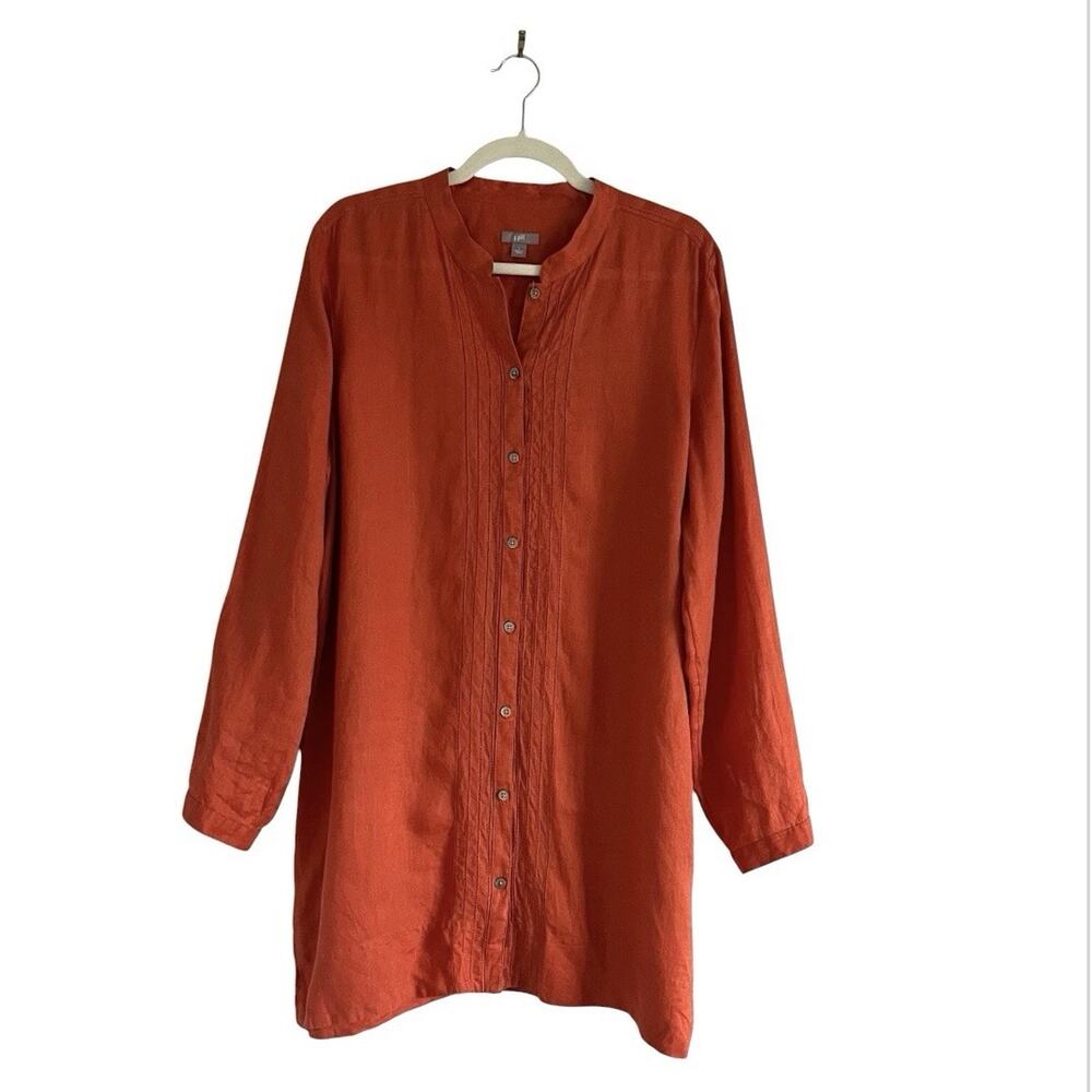 J Jill Linen Tunic Top Mandarin Collar Terracotta Sz L Minimalist Chic Lagenlook - Picture 2 of 12